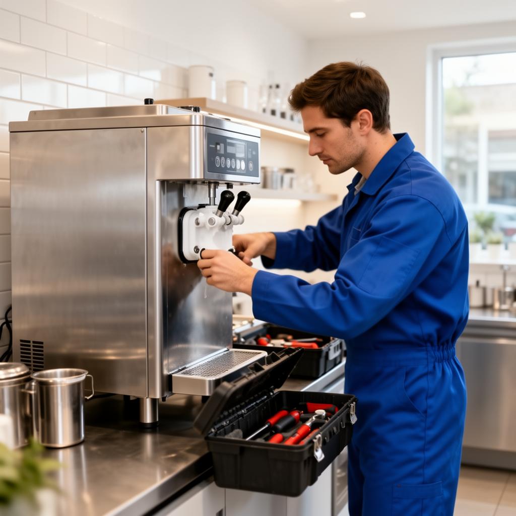 Técnico da Clinox realizando manutenção em máquina de sorvete